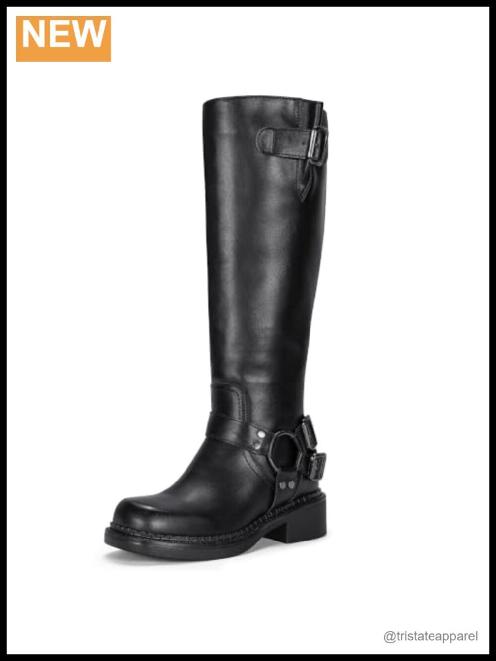 Women's Knee High Riding Boots Square Toe Buckle Motorcycle Faux Leather